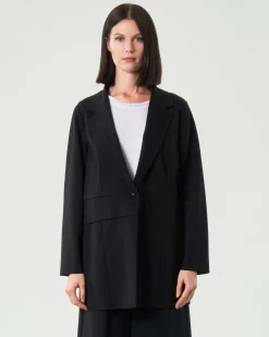 Blazer nero a un bottone Jurerê in misto viscosa punto Milano con scollo a rever e motivo a pannello in vita