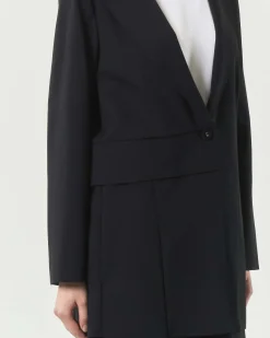Blazer nero a un bottone Jurerê in misto viscosa punto Milano con scollo a rever e motivo a pannello in vita