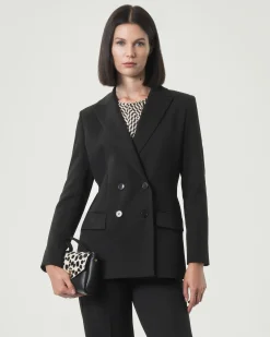 Blazer nero doppiopetto Emme Marella in tessuto diagonale stretch con scollo a rever