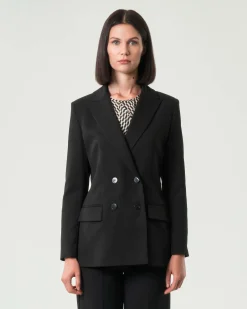 Blazer nero doppiopetto Emme Marella in tessuto diagonale stretch con scollo a rever