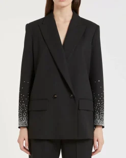 Blazer nero doppiopetto Marella in misto viscosa con ricamo con borchie e strass lungo le maniche