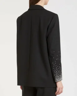Blazer nero doppiopetto Marella in misto viscosa con ricamo con borchie e strass lungo le maniche
