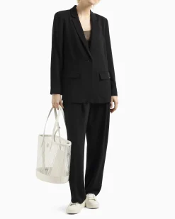 Blazer nero over a un bottone con patch logo cucita tono su tono sulla patta delle tasche