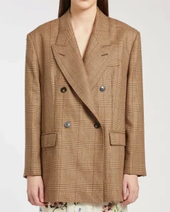 Blazer over in pura lana Marella in color cammello a fantasia principe di Galles con scollo a rever