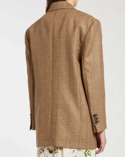 Blazer over in pura lana Marella in color cammello a fantasia principe di Galles con scollo a rever