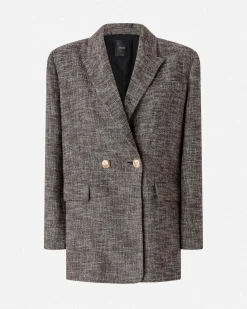Blazer over Pinko in tweed di misto cotone grigio e marrone con chiusura doppiopetto a bottone dorato