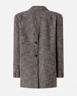 Blazer over Pinko in tweed di misto cotone grigio e marrone con chiusura doppiopetto a bottone dorato