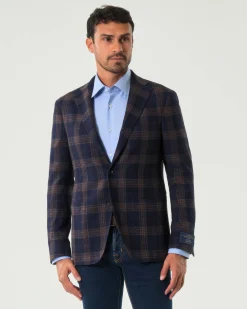 Blazer Pellizzari in lana e seta Vitale Barberis Canonico a fantasia check blu e noce