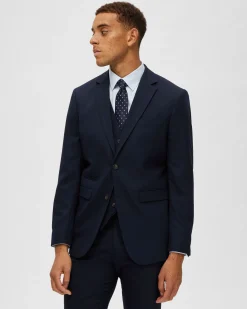 Blazer Selected Homme blu navy in tessuto armaturato di misto lana stretch con chiusura monopetto