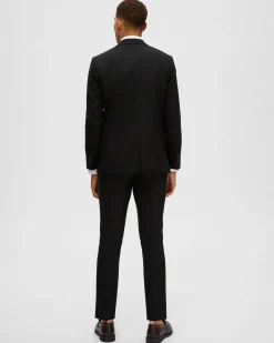 Blazer Selected Homme nero in tessuto armaturato di misto lana stretch con chiusura monopetto