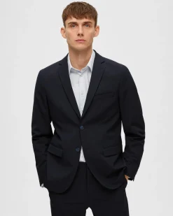 Blazer Selected Homme nero in tela di misto viscosa stretch con chiusura monopetto