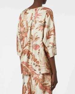 Blusa beige Weekend Max Mara in raso di seta fantasia foliage rosa con maniche tre quarti