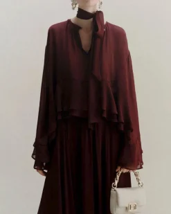 Blusa bordeaux Marella in georgette di viscosa con maniche ampie a balze e scollo a V