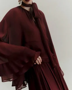 Blusa bordeaux Marella in georgette di viscosa con maniche ampie a balze e scollo a V