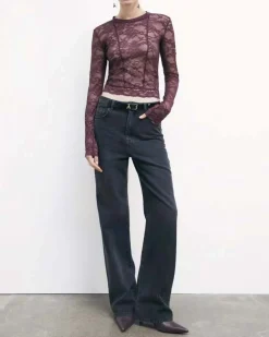 Blusa bordeaux Patrizia Pepe in pizzo elasticizzato con maniche lunghe e orli smeralti