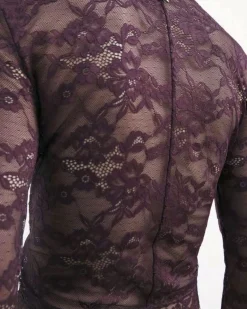 Blusa bordeaux Patrizia Pepe in pizzo elasticizzato con maniche lunghe e orli smeralti