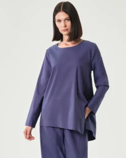Blusa color malva Jurerê in bengalina di misto viscosa con scollo tondo con fondo asimmetrico e spacco laterale