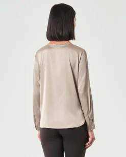 Blusa color taupe Emme Marella in satin stretch con scollo ampio tondo