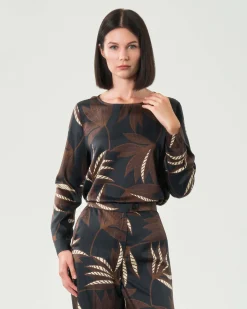 Blusa girocollo blu Emme Marella a fantasia ramage marrone in twill