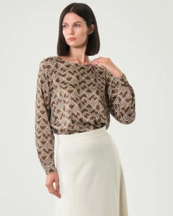 Blusa girocollo Emme Marella marrone a fantasia geometri avorio in twill