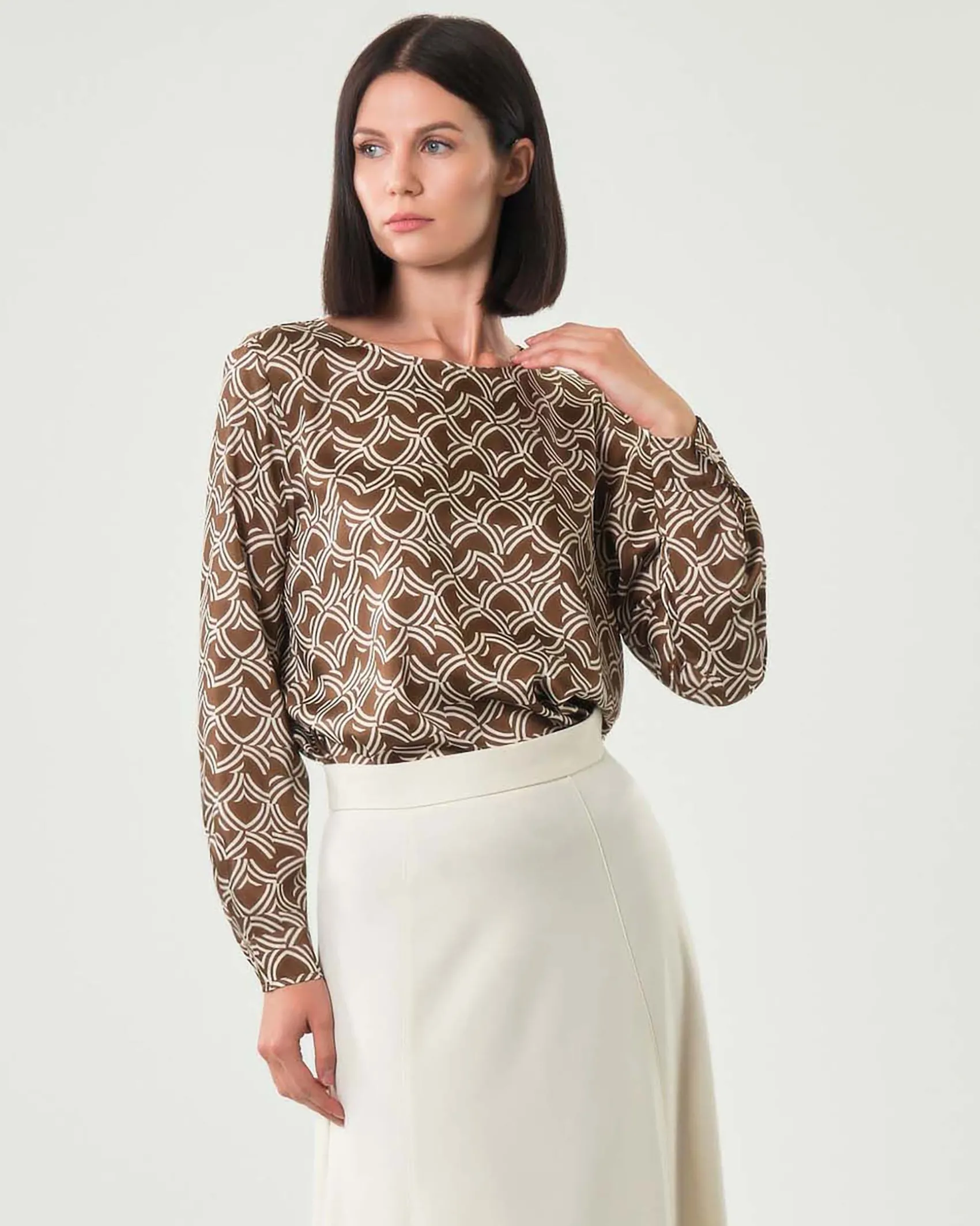 Blusa girocollo Emme Marella marrone a fantasia geometri avorio in twill