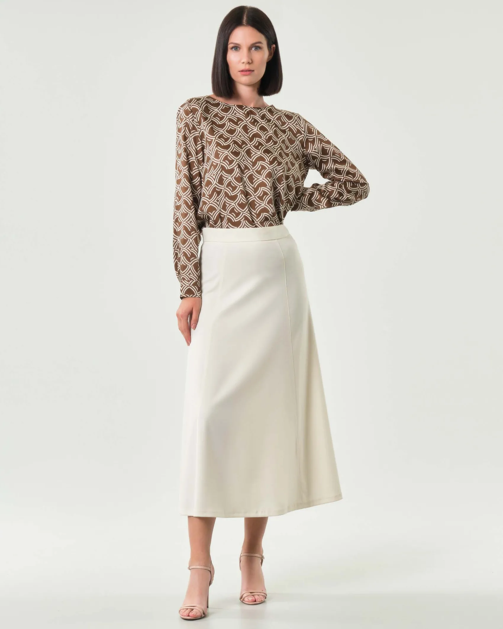 Blusa girocollo Emme Marella marrone a fantasia geometri avorio in twill
