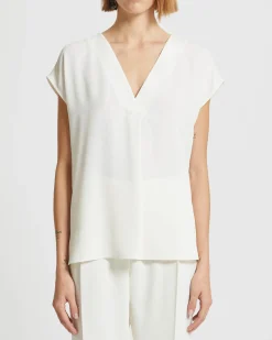 Blusa in crêpe envers satin bianca con maniche ad aletta e scollo a V Marella ART.365