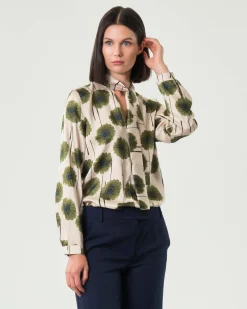 Blusa in twill avorio Emme Marella a fantasia fiori verdi con fusciacca al collo