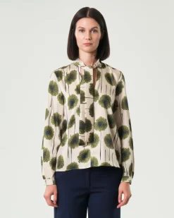 Blusa in twill avorio Emme Marella a fantasia fiori verdi con fusciacca al collo