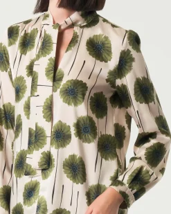 Blusa in twill avorio Emme Marella a fantasia fiori verdi con fusciacca al collo