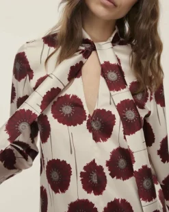 Blusa in twill avorio Emme Marella a fantasia fiori bordeaux con fusciacca al collo