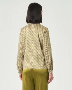 Blusa in twill verde oliva e avorio Emme Marella a fantasia chevron con fusciacca al collo