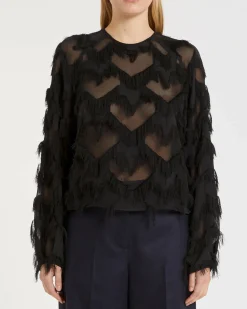 Blusa nera Marella in georgette a motivo a rombi con frange applicate e maniche lunghe