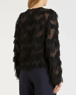 Blusa nera Marella in georgette a motivo a rombi con frange applicate e maniche lunghe
