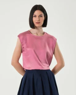 Blusa rosa antico in tessuto effetto raso con maniche ad aletta