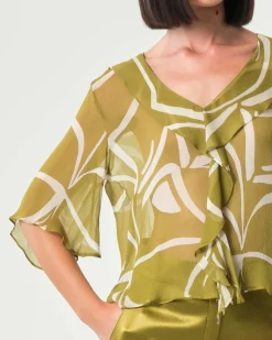 Blusa verde oliva e avorio a fantasia Emme Marella in georgette di viscosa con maniche a volant
