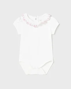 Body bianco in cotone stretch a maniche corte con scollo a cappette e ricamo rosa 6-18 mesi