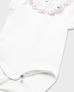 Body bianco in cotone stretch a maniche corte con scollo a cappette e ricamo rosa 6-18 mesi