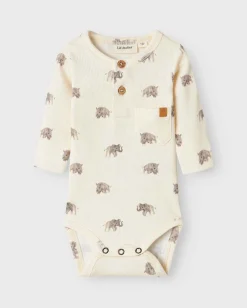 Body Lil'Atelier avorio in cotone stretch a maniche lunghe con fantasia safari all-over