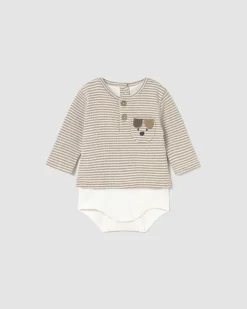 Body Mayoral a righe avorio e beige a maniche lunghe con cagnolino