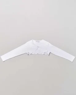 Bolero bianco in jersey con profili stondati e bottoncino gioiello 3-4 anni