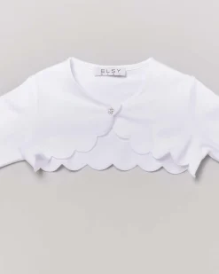 Bolero bianco in jersey con profili stondati e bottoncino gioiello 5-8 anni