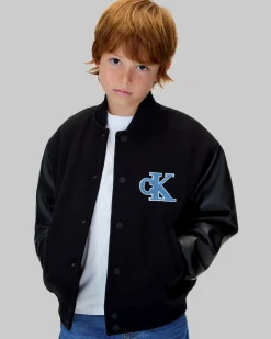 Bomber Calvin Klein nero stile college con logo monogram azzurro