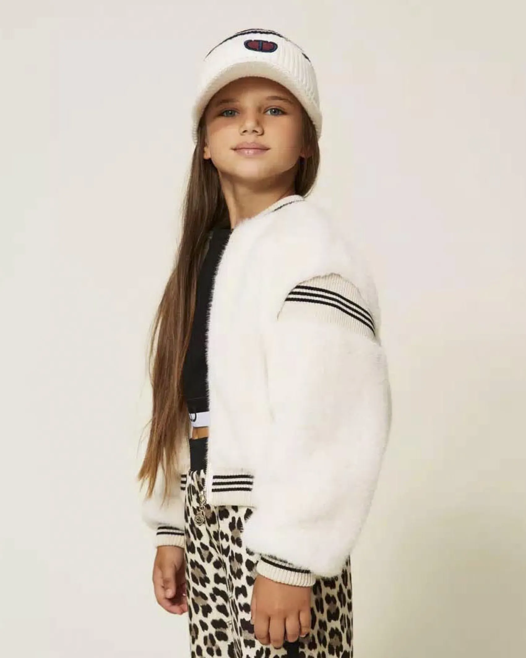 Bomber Twinset avorio effetto pelliccia con bordi bicolore