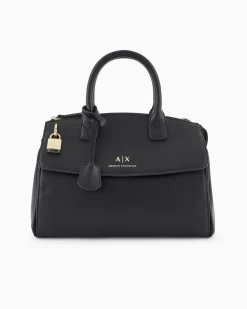 Borsa a bauletto nera piccola in similpelle liscia con logo e charm a lucchetto dorati