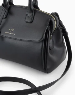Borsa a bauletto nera piccola in similpelle liscia con logo e charm a lucchetto dorati