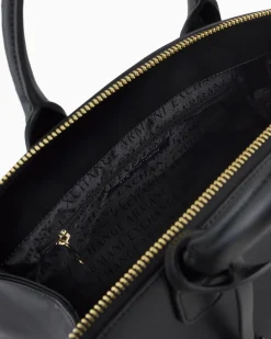 Borsa a bauletto nera piccola in similpelle liscia con logo e charm a lucchetto dorati