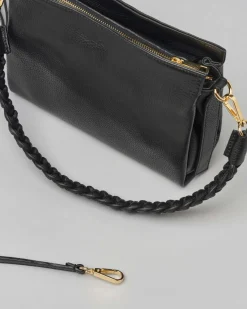 Borsa a busta nera in pelle martellata con spallaccio intrecciato e tracolla più lunga removibile