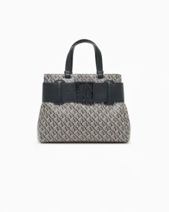 Borsa a mano Armani Exchange beige e nera con logo stampato all over