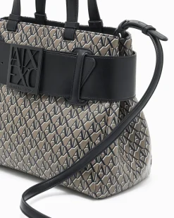 Borsa a mano Armani Exchange beige e nera con logo stampato all over